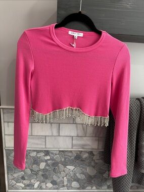 C/MEO Collective Pink Beaded Fringe Ribbed Crop Top